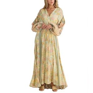 Talisman Pharoah Woven V-Neck Long Sleeve Floral Lace Insert Maxi Dress